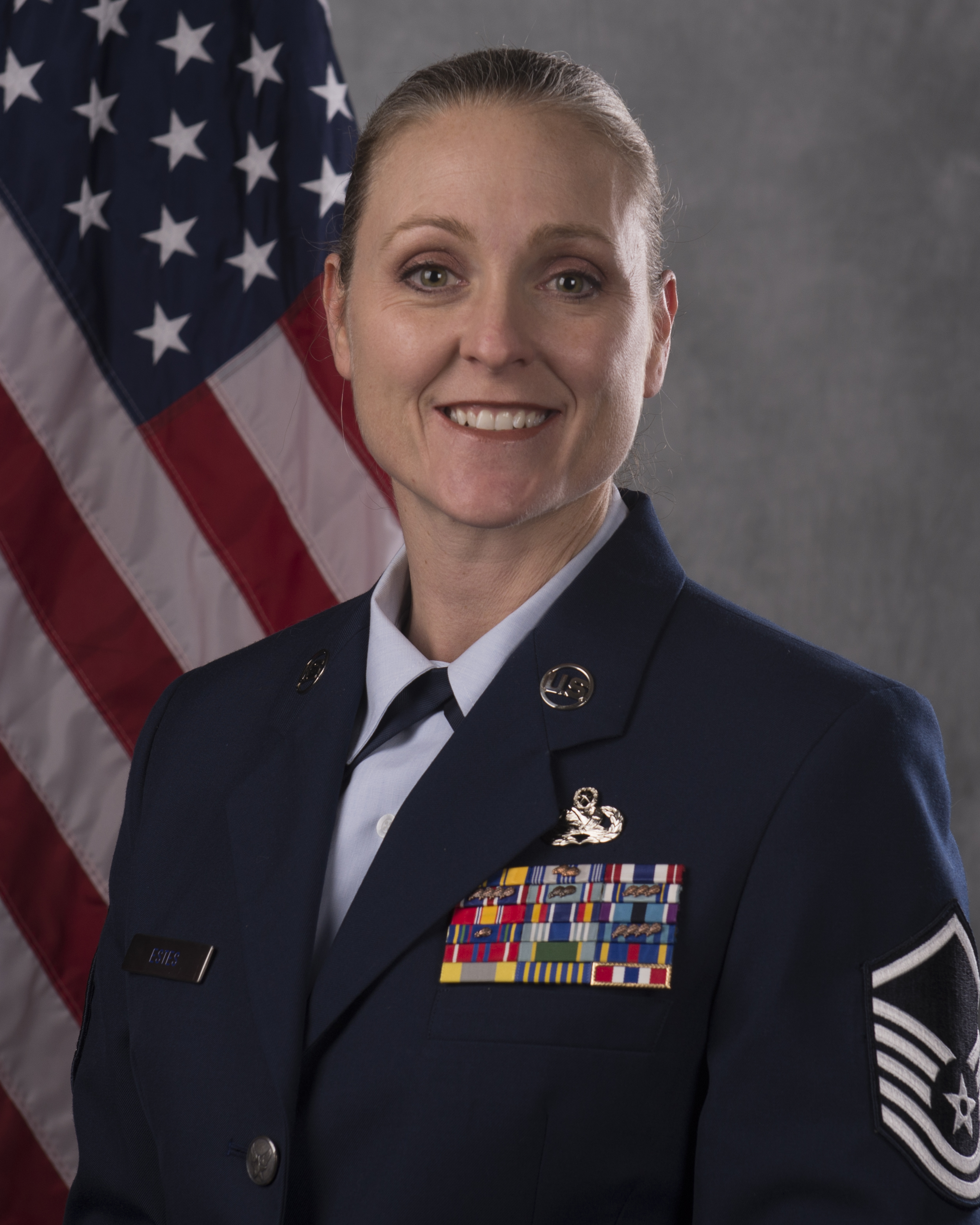 Jessica Estes, MSgt, United States Air Force (Retired), in Air Force dress blues